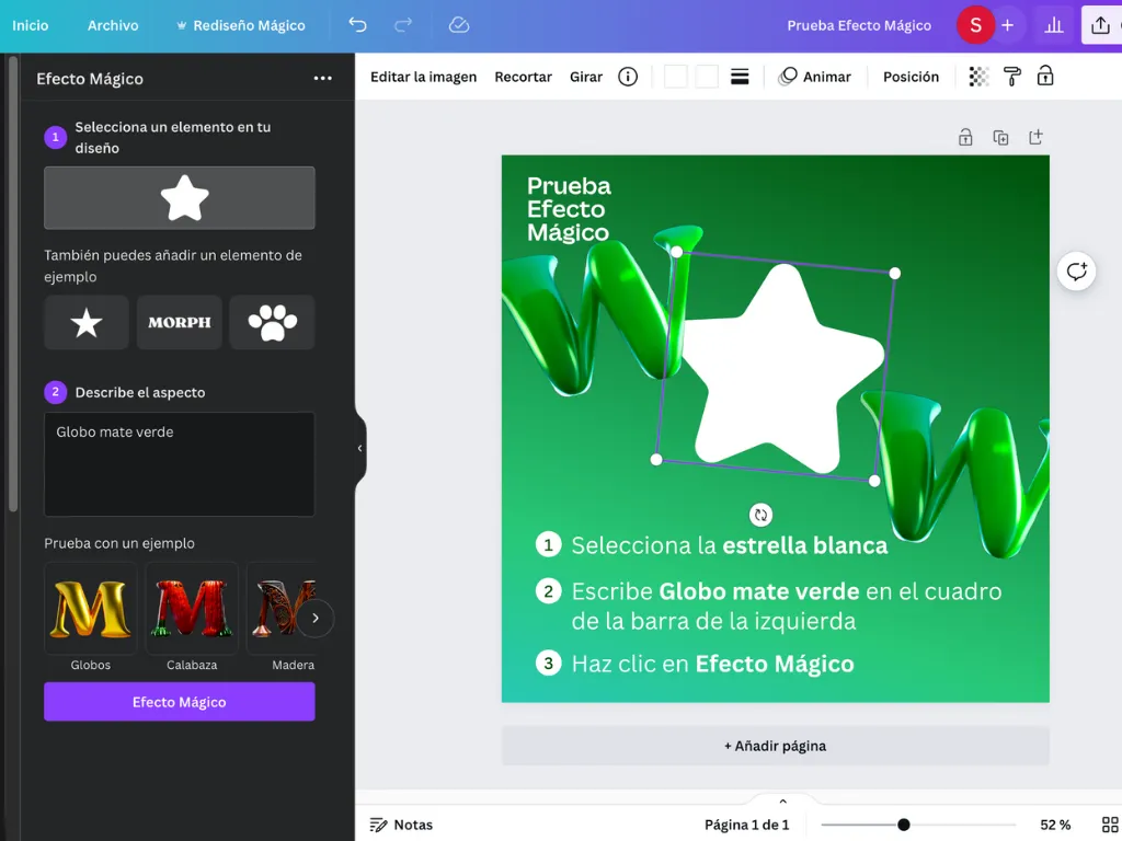 Pestaña Efecto mágico donde debe escoger forma y describir qué quieres aplicar a la forma 
