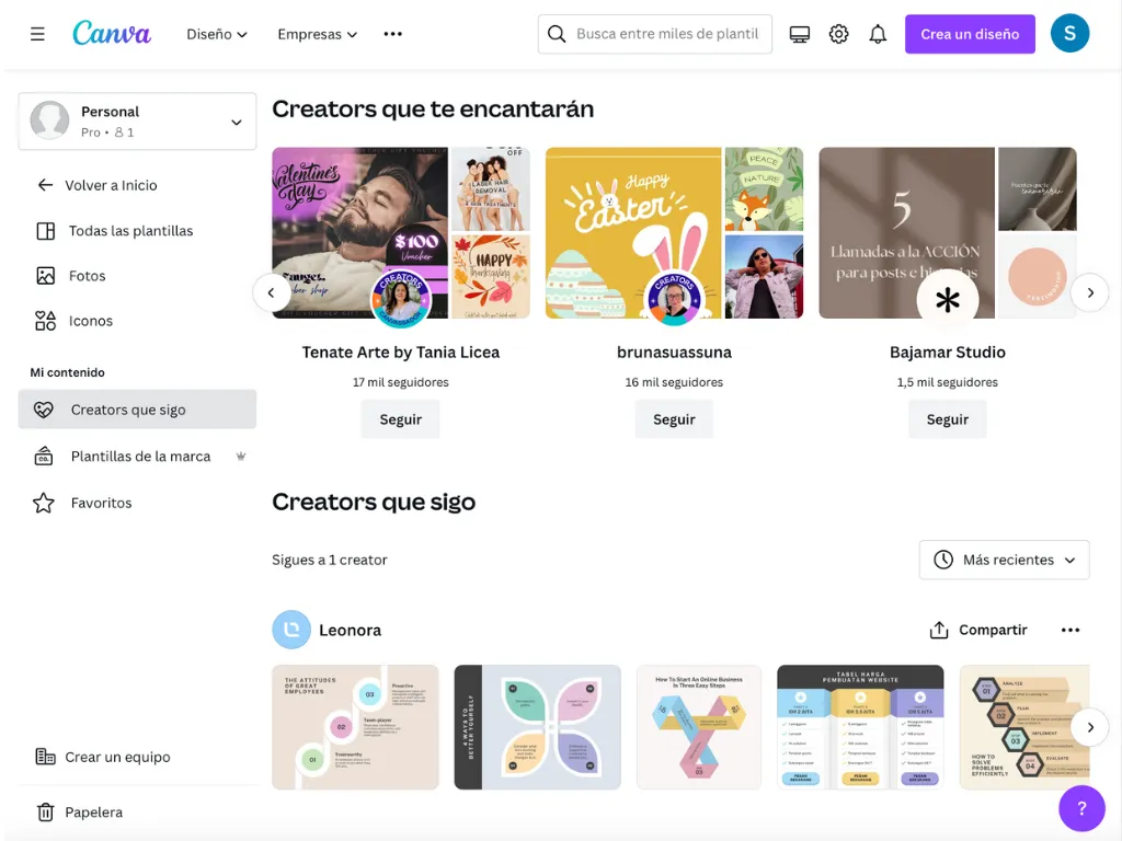 Web de Canva donde aparecen los perfiles de los canva creators