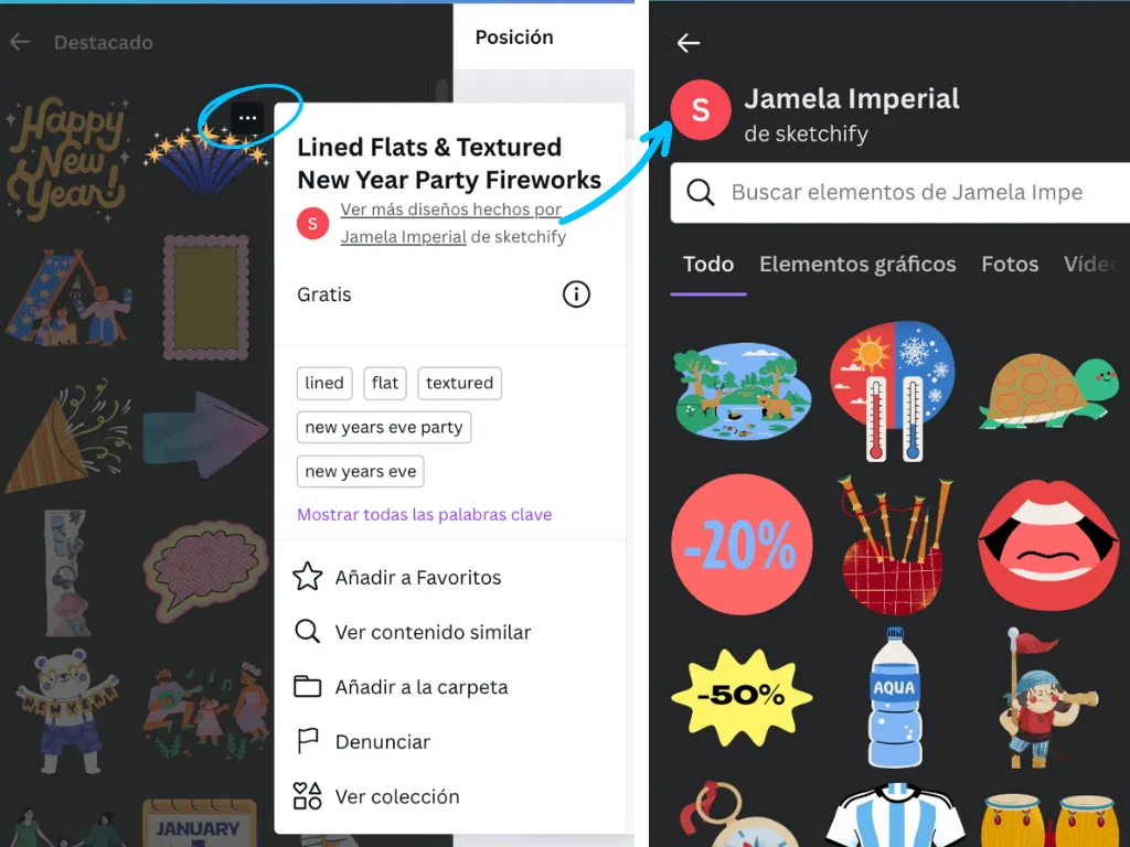 Seleccionar icono de tres puntos, y del desplegable de opciones seleccionar el nombre de la autoría para que se muestren diseños parecidos del autor/a