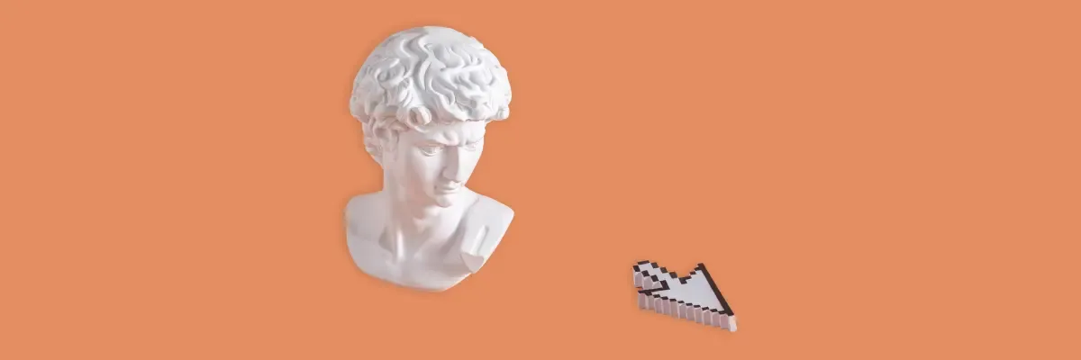 Busto de David de Miguel Angel, mirando el puntero de un ratón (ordenador) par respresentar la teoría clasica con lo novedoso(elearning)