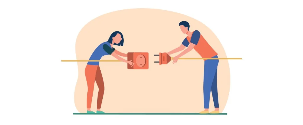 Dos personas conectando un enchufe: Gamelearn y Moodle unidos