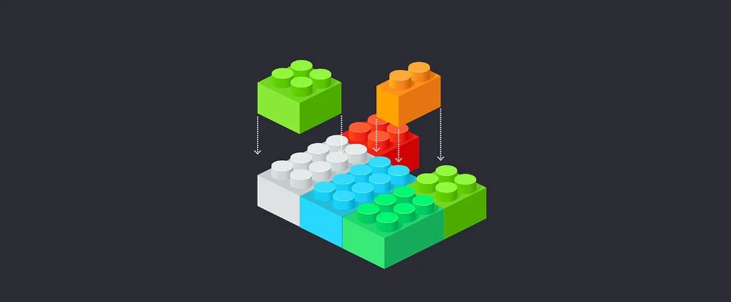 Bloques de construcción de colores ensamblándose, metáfora de microlearning modular en 10 ejemplos